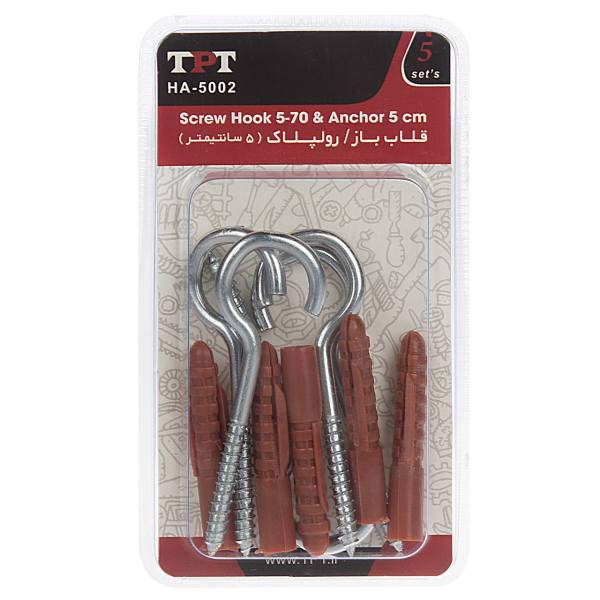 مجموعه 5 عددی قلاب باز و رولپلاک تی پی تی مدل HA-5002، TPT HA-5002 Screw Hook And Rawlplug Pack Of 5 PCS